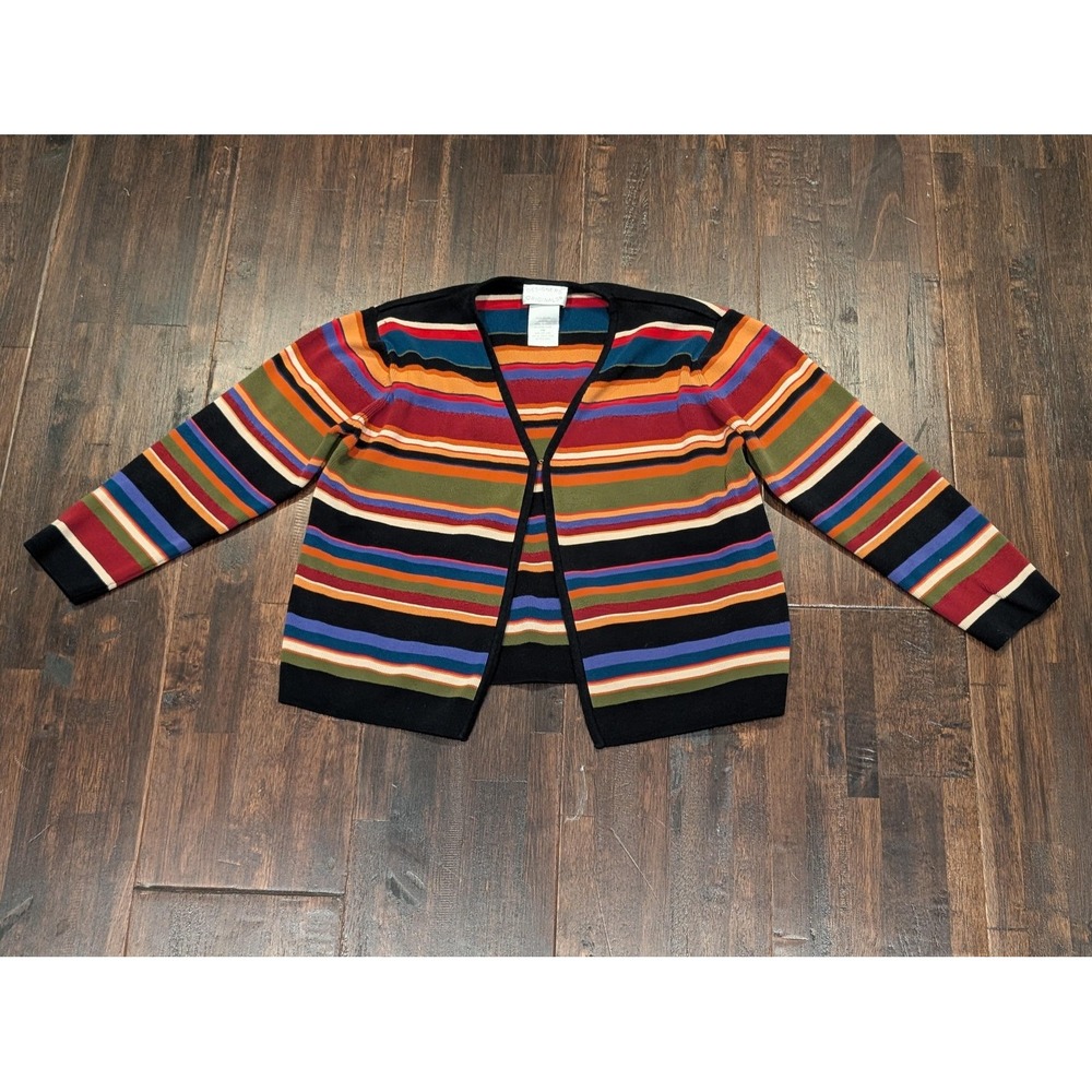 Retro Striped Multicolor Sweater Cardigan Womens Med Petite Open Front Hook